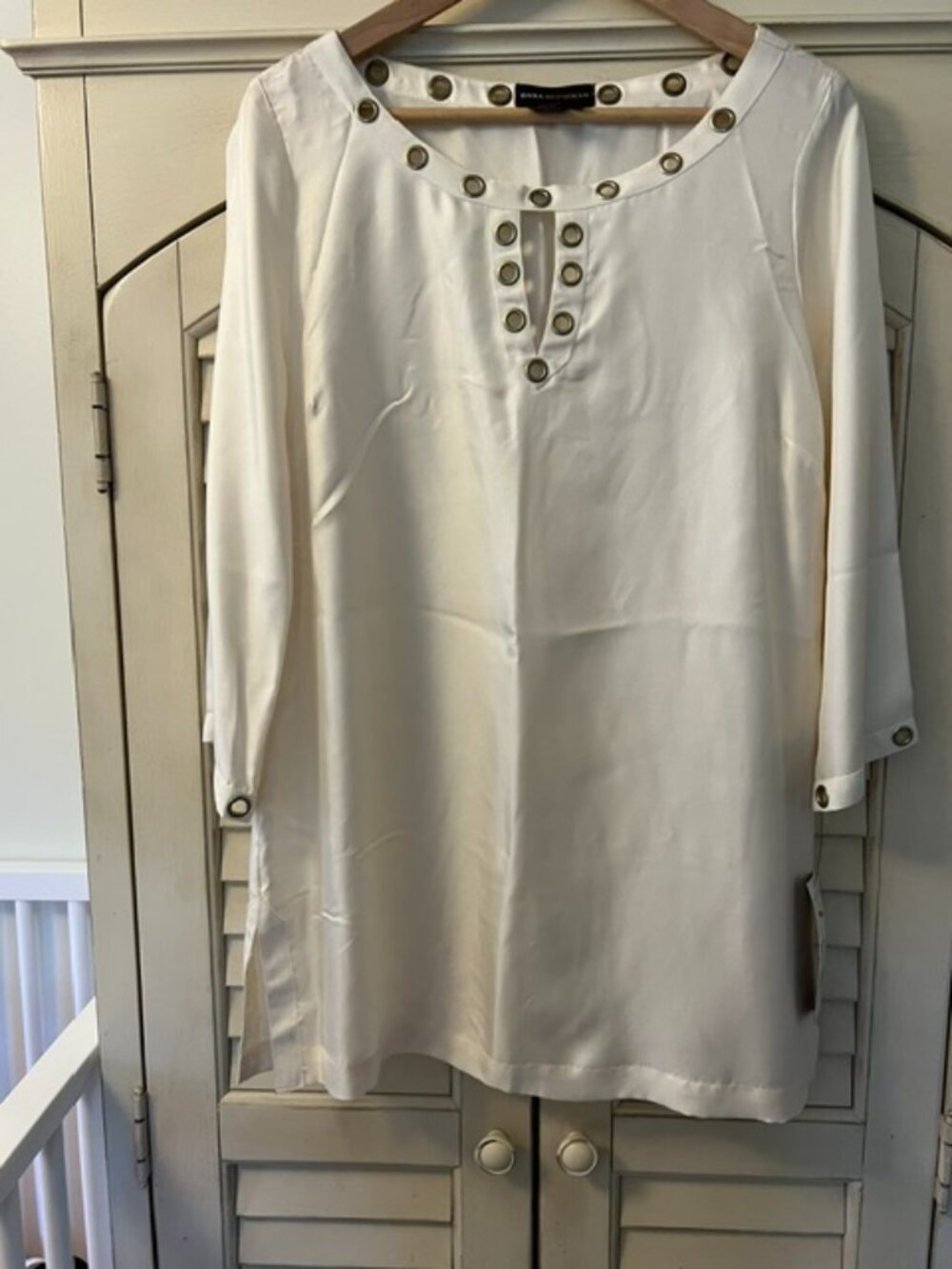 Dana Buchman Womens 100% Silk Tunic Top Cream Ivory Gold Grommets - Size Medium